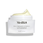 Medik8 Daily Radiance Vitamin C glass cream jar is shown open with a generous peak of pale yellow cream on top. Text identifies the product as a 50mL C-Tetra Cream SPF 30 Two-in-One Moisturiser.