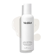 Medik8 Daily Refresh Balancing Toner bottle stands on a white background with a clear liquid spill. Text identifies it as a "Hydrating Skin Conditioner with Floral Waters" in a 150mL size.