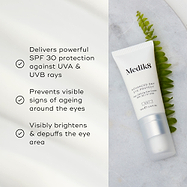 Advanced Day Eye Protect tube lies on a marble surface next to a green fern leaf. Text highlights its SPF 30 protection, prevention of visible ageing signs, and its ability to brighten and depuff the eye area.
