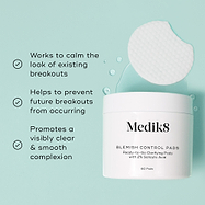 Medik8 Blemish Control Pads jar is shown against a light teal background with a single textured white pad and clear liquid droplets. Text highlights that the product "Works to calm the look of existing breakouts," "Helps to prevent future breakouts from occurring," and "Promotes a visibly clear & smooth complexion."