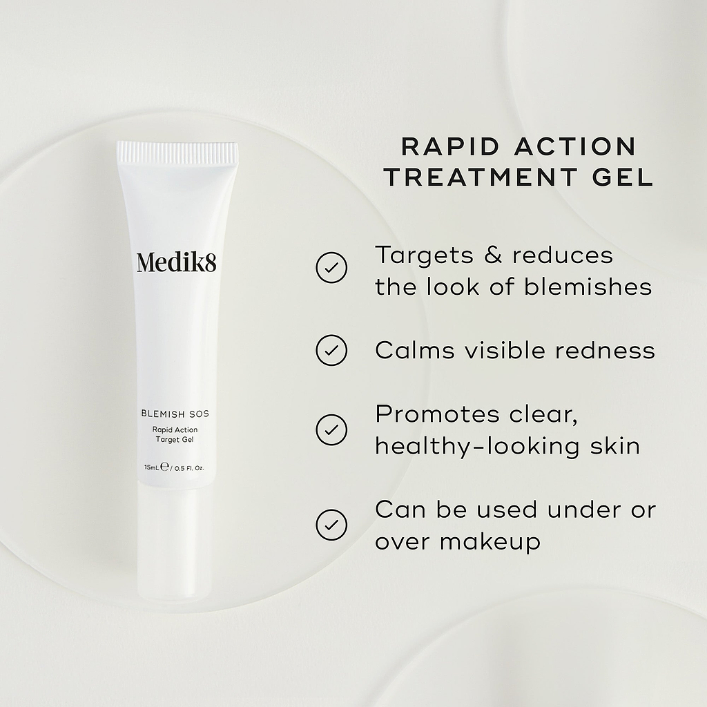 A white tube of Blemish SOS Rapid Action Target Gel is featured. Text highlights it as a RAPID ACTION TREATMENT GEL. Four bullet points with checkmarks list benefits: Targets & reduces the look of blemishes, Calms visible redness, Promotes clear, healthy-looking skin, and Can be used under or over makeup.