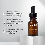 A brown glass dropper bottle of Calmwise Serum is featured. Three bullet points with checkmarks list benefits: Visibly calms redness & helps to relieve sensitivity, Helps to improve skin barrier function against external irritants, and Leaves skin feeling nourished & comforted.