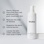 A split image featuring the cleanser bottle alongside a list of benefits, including "Gently removes impurities from red, sensitised and post-treatment skin" and "Reduces the look of redness."