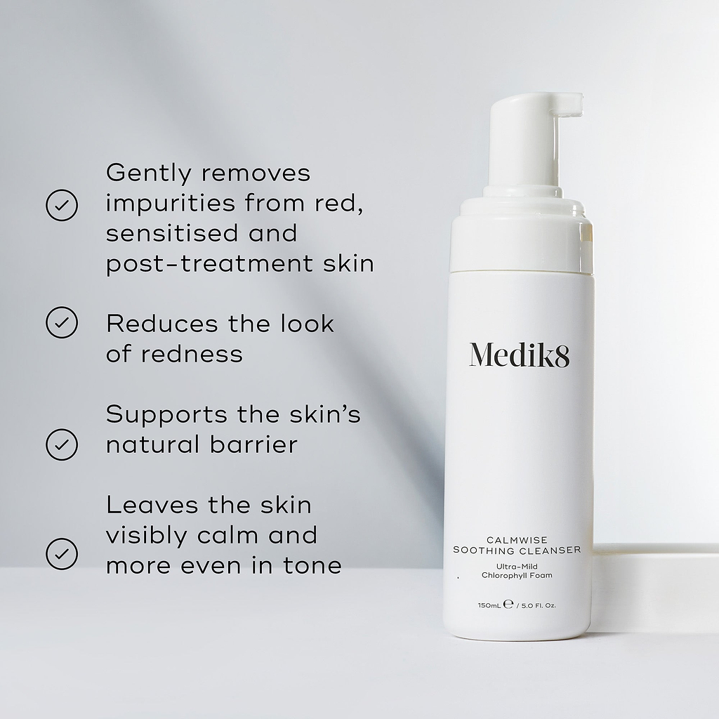 A split image featuring the cleanser bottle alongside a list of benefits, including "Gently removes impurities from red, sensitised and post-treatment skin" and "Reduces the look of redness."