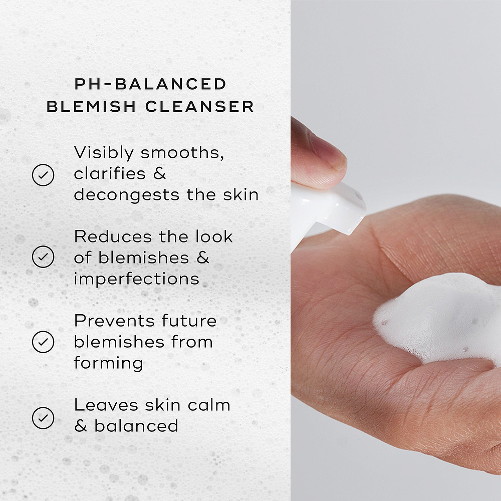 Medik8 Clarifying Foam being dispensed into a palm, shown next to a list of benefits on a bubbly white background. Text highlights its pH-balanced formula that visibly smooths, clarifies, and decongests the skin; reduces the look of blemishes; prevents future blemishes; and leaves skin calm and balanced.