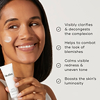 List of benefits appears next to a model holding the Clarity Peptides tube. Text claims it visibly clarifies the complexion, combats the look of blemishes, calms visible redness, and boosts the skin's luminosity.