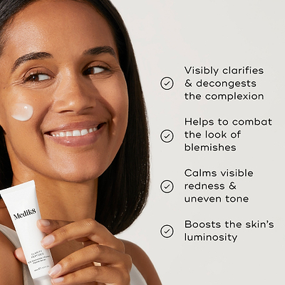 List of benefits appears next to a model holding the Clarity Peptides tube. Text claims it visibly clarifies the complexion, combats the look of blemishes, calms visible redness, and boosts the skin's luminosity.