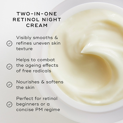 Close-up of the Medik8 Intelligent Retinol Smoothing Night Cream, showing the cream's texture inside the jar. The text TWO-IN-ONE RETINOL NIGHT CREAM is at the top, and a list of benefits with checkmarks is on the left: "Visibly smooths & refines uneven skin texture", "Helps to combat the ageing effects of free radicals", "Nourishes & softens the skin", and "Perfect for retinol beginners or a concise PM regime".
