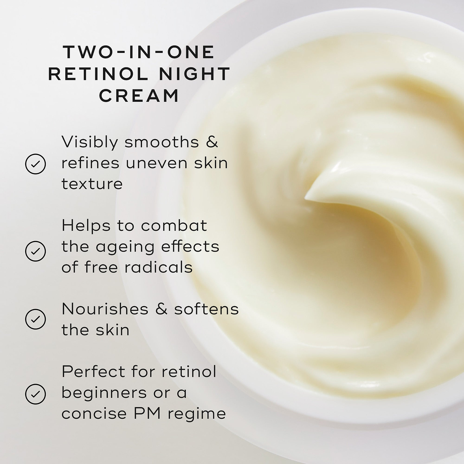 Close-up of the Medik8 Intelligent Retinol Smoothing Night Cream, showing the cream's texture inside the jar. The text TWO-IN-ONE RETINOL NIGHT CREAM is at the top, and a list of benefits with checkmarks is on the left: "Visibly smooths & refines uneven skin texture", "Helps to combat the ageing effects of free radicals", "Nourishes & softens the skin", and "Perfect for retinol beginners or a concise PM regime".