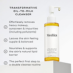 Lipid-Balance Cleansing Oil bottle stands on a white block. Text lists benefits including removing heavy makeup, supporting the lipid barrier, and acting as a transformative oil-to-milk cleanser.