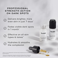 Two small white bottles of Oxy-R Peptides are displayed with drops of yellow serum. Text highlights PROFESSIONAL STRENGTH ACTION ON DARK SPOTS. Benefits listed are: Delivers brighter, more even skin in just 7 days, Fades visible dark spots in 1 month, Effective on all skin types & tones, and Hydrates & smooths the complexion.
