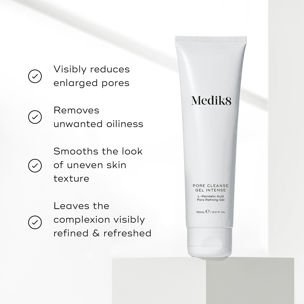 List of benefits appears next to the Pore Cleanse Gel Intense tube. Text claims it visibly reduces enlarged pores, removes unwanted oiliness, smooths texture, and leaves the complexion refined.