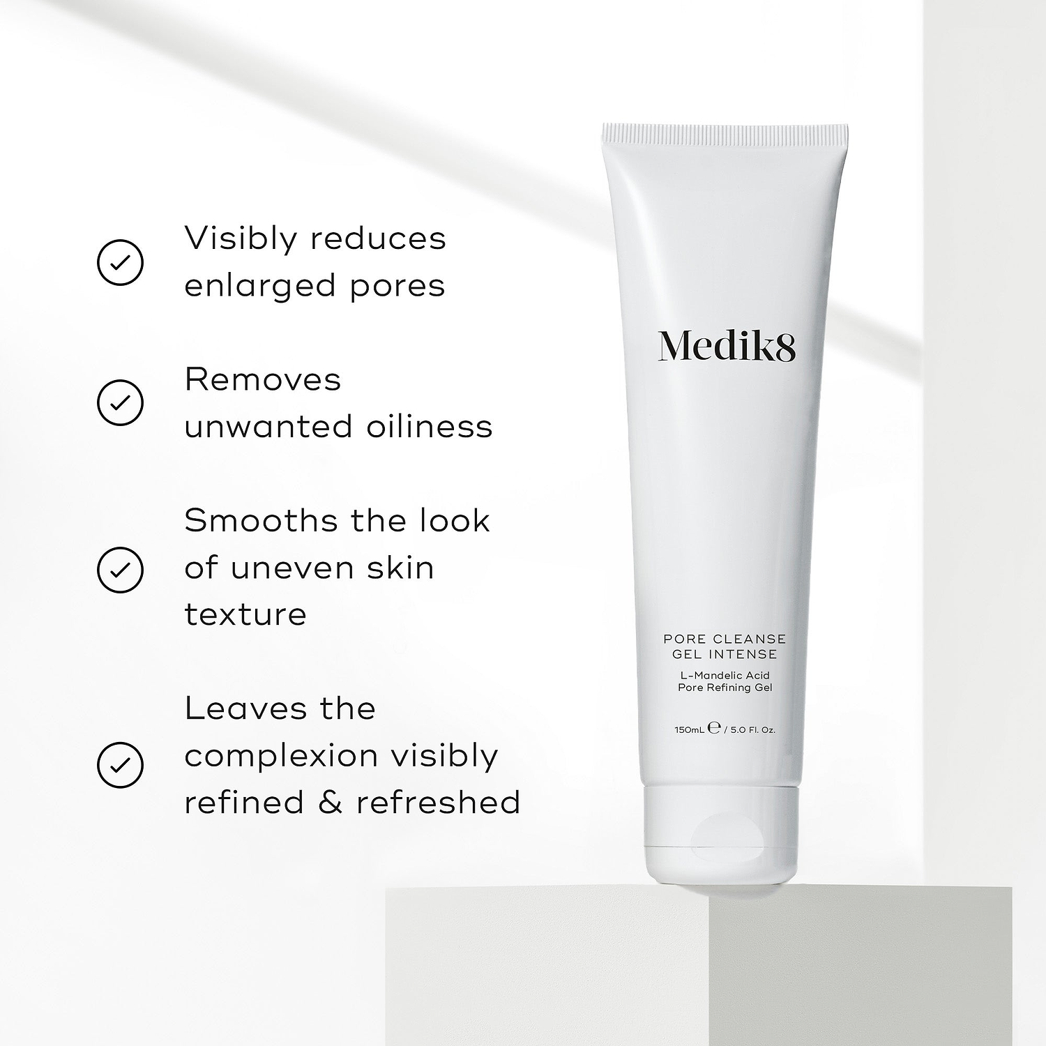 List of benefits appears next to the Pore Cleanse Gel Intense tube. Text claims it visibly reduces enlarged pores, removes unwanted oiliness, smooths texture, and leaves the complexion refined.