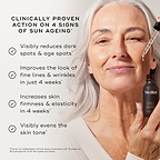 Close-up of a person's face being treated with a glass pipette, set against a light grey background. Text states the product is "CLINICALLY PROVEN ACTION ON 4 SIGNS OF SUN AGEING*" followed by four check-marked claims: Visibly reduces dark spots & age spots*, Improves the look of fine lines & wrinkles in just 4 weeks*, Increases skin firmness & elasticity in 4 weeks*, and Visibly evens the skin tone*. A footer note specifies these results are proven via an independent clinical study.