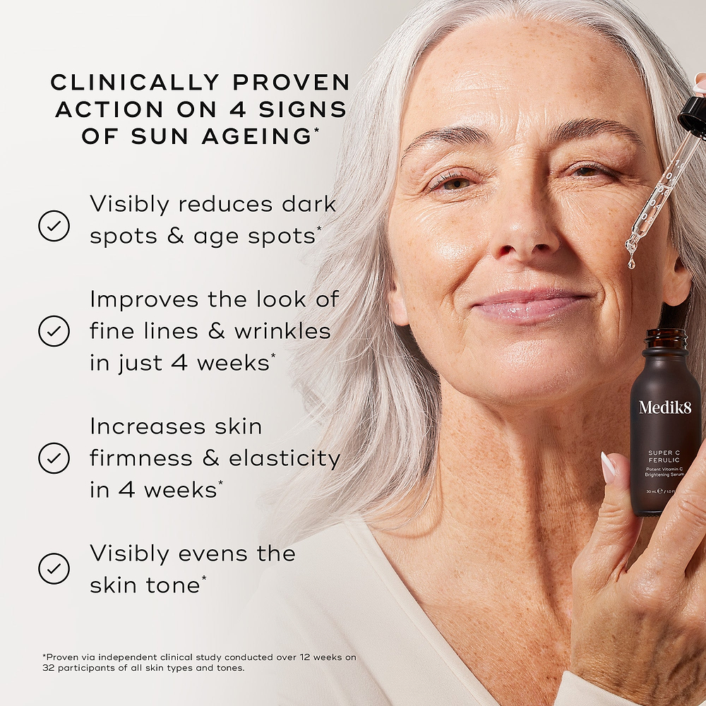 Close-up of a person's face being treated with a glass pipette, set against a light grey background. Text states the product is "CLINICALLY PROVEN ACTION ON 4 SIGNS OF SUN AGEING*" followed by four check-marked claims: Visibly reduces dark spots & age spots*, Improves the look of fine lines & wrinkles in just 4 weeks*, Increases skin firmness & elasticity in 4 weeks*, and Visibly evens the skin tone*. A footer note specifies these results are proven via an independent clinical study.