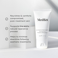 Medik8 Ultimate Recovery Skin Restoring Moisture Locking Cream tube sits against a clean white architectural background. Text claims the product nourishes compromised post-treatment skin, supports the natural reparative process, and minimizes downtime following aesthetic treatments.