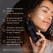 A person with a streak of cream on their cheek holds a bottle of Medik8 r-Retinoate Intense. Claims include 8x more powerful and 11x faster than classic retinol, with dramatic wrinkle and dark spot reduction in 4 weeks.