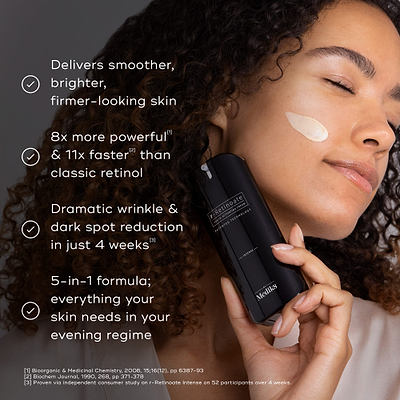 A person with a streak of cream on their cheek holds a bottle of Medik8 r-Retinoate Intense. Claims include 8x more powerful and 11x faster than classic retinol, with dramatic wrinkle and dark spot reduction in 4 weeks.