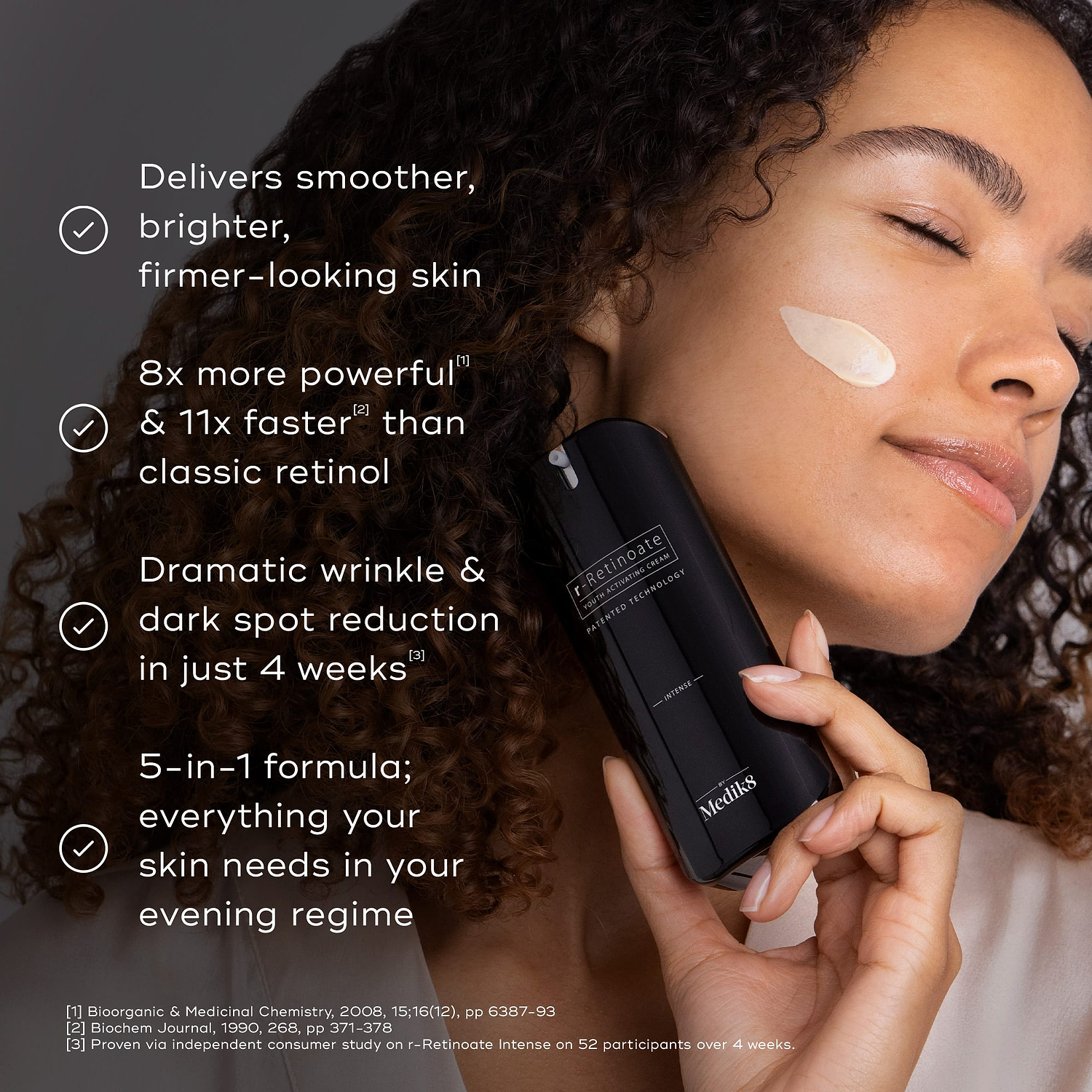 A person with a streak of cream on their cheek holds a bottle of Medik8 r-Retinoate Intense. Claims include 8x more powerful and 11x faster than classic retinol, with dramatic wrinkle and dark spot reduction in 4 weeks.