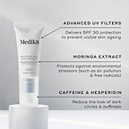 Advanced Day Eye Protect tube stands on a white pedestal. Text highlights Advanced UV Filters for SPF 30 protection, Moringa Extract to protect against environmental stressors, and Caffeine & Hesperidin to reduce dark circles and puffiness.