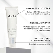 Medik8 Advanced Day Total Protect tube stands on a white block against a clean grey background. Text highlights key ingredients: Advanced UV Filters to deliver SPF 30 protection and prevent visible skin ageing, Moringa Extract to protect against environmental stressors like air pollution and free radicals, and Multi-Weight Hyaluronic Acid to deeply hydrate the skin.