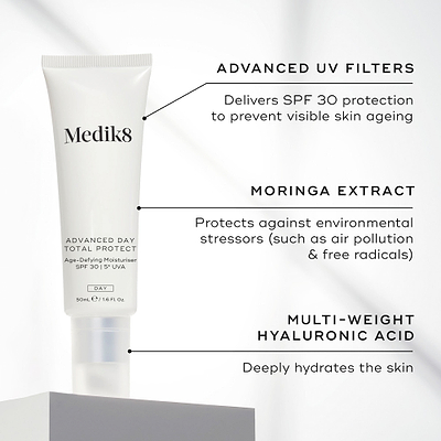 Medik8 Advanced Day Total Protect tube stands on a white block against a clean grey background. Text highlights key ingredients: Advanced UV Filters to deliver SPF 30 protection and prevent visible skin ageing, Moringa Extract to protect against environmental stressors like air pollution and free radicals, and Multi-Weight Hyaluronic Acid to deeply hydrate the skin.