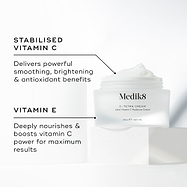 Medik8 C-Tetra Cream jar displayed open on a white stone block against a clean white background. The image features two key ingredients and their benefits:

STABILISED VITAMIN C: Delivers powerful smoothing, brightening, and antioxidant benefits.

VITAMIN E: Deeply nourishes and boosts vitamin C power for maximum results.