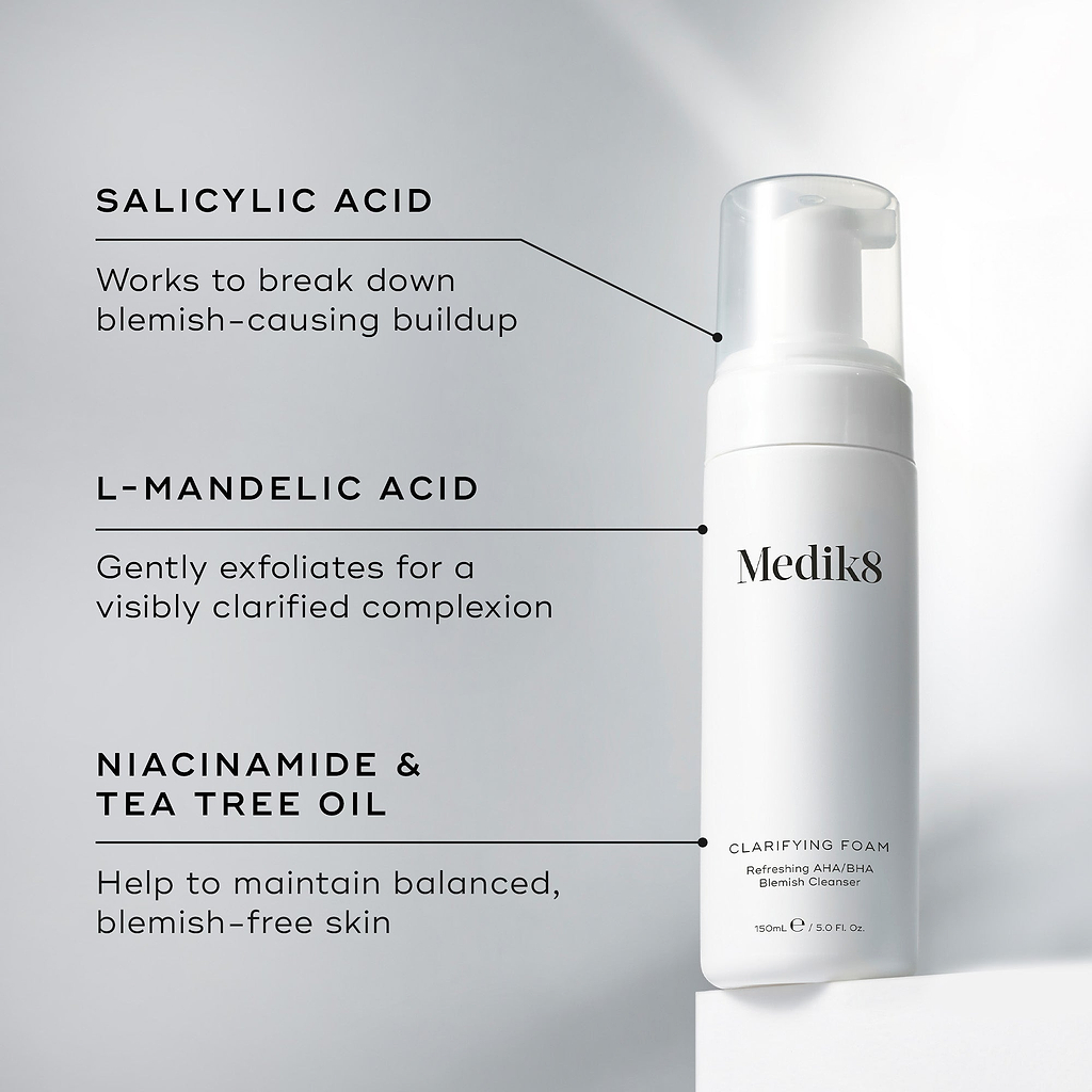 Medik8 Clarifying Foam pump bottle stands on a white block against a clean grey background. Text highlights key ingredients: Salicylic Acid to break down blemish-causing buildup, L-Mandelic Acid for gentle exfoliation and a clarified complexion, and Niacinamide & Tea Tree Oil to help maintain balanced, blemish-free skin.
