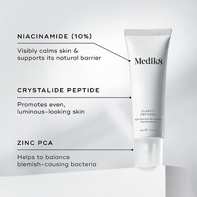 Medik8 Clarity Peptides tube stands on a white block next to ingredient details. Text highlights Niacinamide (10%) to calm skin, Crystalide Peptide for luminosity, and Zinc PCA to balance bacteria.