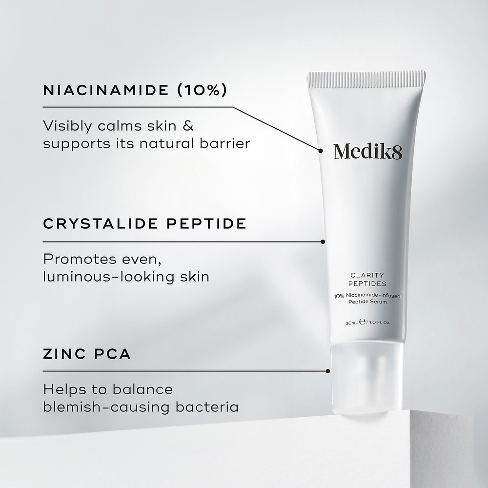 Medik8 Clarity Peptides tube stands on a white block next to ingredient details. Text highlights Niacinamide (10%) to calm skin, Crystalide Peptide for luminosity, and Zinc PCA to balance bacteria.