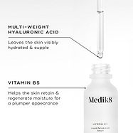 A close-up of the Medik8 Hydr8 B5 serum bottle and dropper with clear liquid. Text highlights key ingredients: "MULTI-WEIGHT HYALURONIC ACID Leaves the skin visibly hydrated & supple" and "VITAMIN B5 Helps the skin retain & regenerate moisture for a plumper appearance."