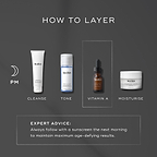 An infographic titled “HOW TO LAYER” displays a Medik8 nighttime skincare routine against a dark grey background. A crescent moon icon and “PM” indicate the time of use. The Medik8 Intelligent Retinol 3TR bottle is highlighted in a dashed box under the “VITAMIN A” step. Other steps shown include "CLEANSE," "TONE," and "MOISTURISE." A text box at the bottom provides “EXPERT ADVICE: Always follow with a sunscreen the next morning to maintain maximum age-defying results.”