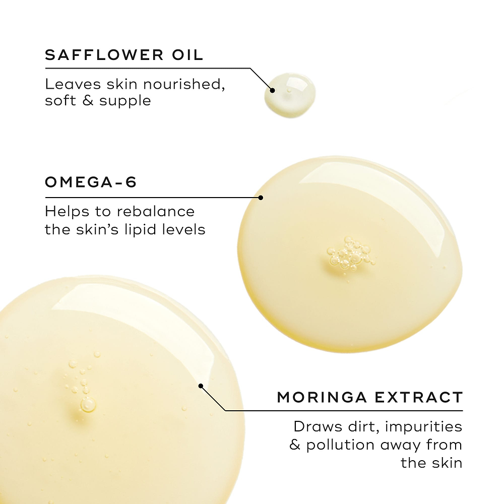 Three oil droplets display key ingredients. Text highlights Safflower Oil for nourishment, Omega-6 for lipid balance, and Moringa Extract for drawing out impurities and pollution.