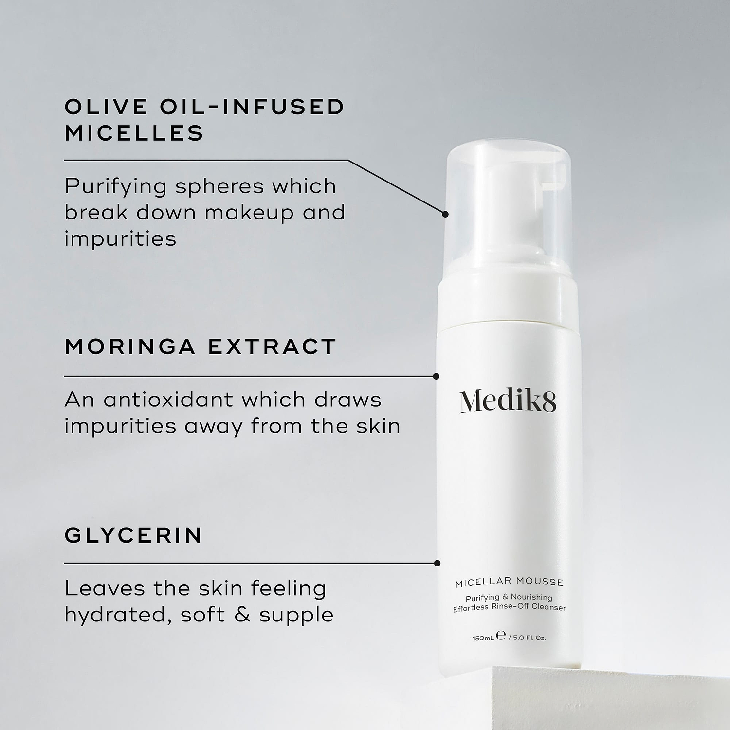 A Medik8 Micellar Mousse bottle displayed on a white block. Lines connect the bottle to text explaining key ingredients: "Olive Oil-Infused Micelles" to break down makeup, "Moringa Extract" to draw out impurities, and "Glycerin" for hydration.