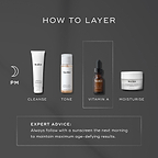 Medik8 layering guide titled "HOW TO LAYER" on a dark grey background. A PM moon icon indicates a four-step evening routine, with the third step highlighted in a white dashed box:

CLEANSE: Medik8 Surface Radiance Cleanse tube.

TONE: Medik8 Press & Glow bottle.

VITAMIN A: Medik8 Retinol 3TR serum bottle.

MOISTURISE: Medik8 Advanced Night Restore jar.

A dashed box at the bottom provides "EXPERT ADVICE" to always follow with a sunscreen the next morning to maintain maximum age-defying results.