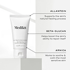 Medik8 Ultimate Recovery Skin Restoring Moisture Locking Cream tube shown with three key ingredients: Allantoin to support the skin’s natural healing process, Beta-Glucan to boost the skin’s ability to repair itself, and Arnica to soothe and calm sensitive skin.