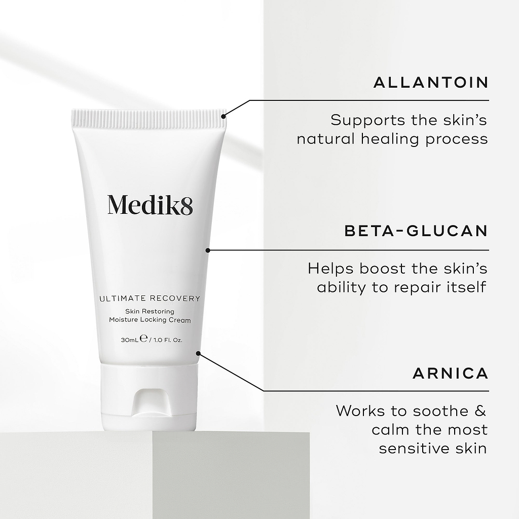 Medik8 Ultimate Recovery Skin Restoring Moisture Locking Cream tube shown with three key ingredients: Allantoin to support the skin’s natural healing process, Beta-Glucan to boost the skin’s ability to repair itself, and Arnica to soothe and calm sensitive skin.