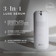 A large white cylindrical airless pump dispenser bottle of Medik8 r-Retinoate® Day & Night stands vertically against a light grey minimalist background with subtle shadows. Text overlays on the left highlight its key features as a "3-In-1 LUXE SERUM":

"ENCAPSULATED RETINYL RETINOATE 8x more powerful than retinol*"

"STABILISED VITAMIN C For visible brightening & antioxidant power"

"HYALURONIC ACID Hydrates & visibly plumps"
A circular badge at the top right indicates "EXCLUSIVE TO Medik8". 