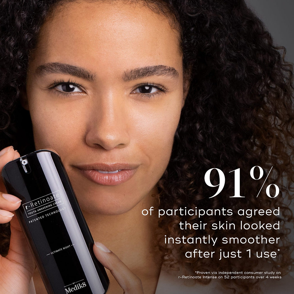 A person holds a bottle of Medik8 r-Retinoate Intense. Text states that 91% of participants agreed their skin looked instantly smoother after just 1 use.