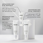 Medik8 Advanced Day Eye Protect, Advanced Day Ultimate Protect, and Advanced Day Total Protect tubes displayed on white cylindrical plinths against a grey background. Text for Advanced Day Eye Protect notes SPF 30 protection optimised for the delicate eye area. Text for Advanced Day Ultimate Protect highlights SPF 50+ protection, a DNA repair enzyme, and a 360° environmental shield. Text for Advanced Day Total Protect describes it as lightweight SPF 30 protection with a 360° environmental shield.