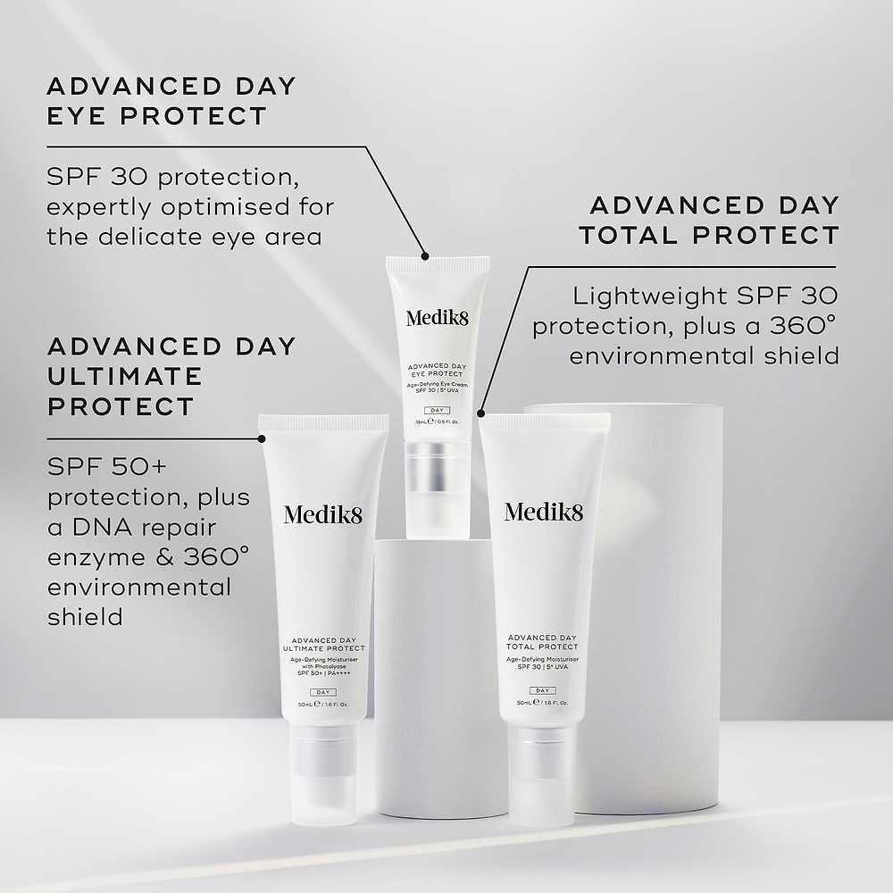 Medik8 Advanced Day Eye Protect, Advanced Day Ultimate Protect, and Advanced Day Total Protect tubes displayed on white cylindrical plinths against a grey background. Text for Advanced Day Eye Protect notes SPF 30 protection optimised for the delicate eye area. Text for Advanced Day Ultimate Protect highlights SPF 50+ protection, a DNA repair enzyme, and a 360° environmental shield. Text for Advanced Day Total Protect describes it as lightweight SPF 30 protection with a 360° environmental shield.