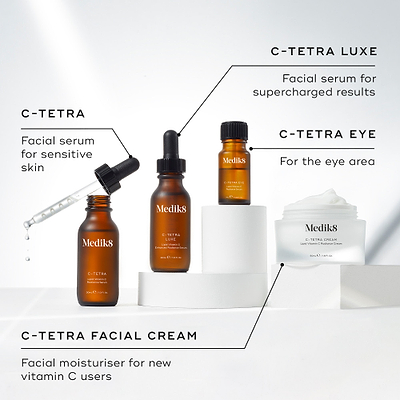 A collection of four Medik8 Vitamin C products displayed on white circular plinths against a clean white background. The image includes:

C-Tetra serum bottle shown open with a glass pipette, described as a "Facial serum for sensitive skin."

C-Tetra Luxe serum bottle described as a "Facial serum for supercharged results."

C-Tetra Eye serum bottle described as "For the eye area."

C-Tetra Cream jar shown open with visible white cream, described as a "Facial moisturiser for new vitamin C users."