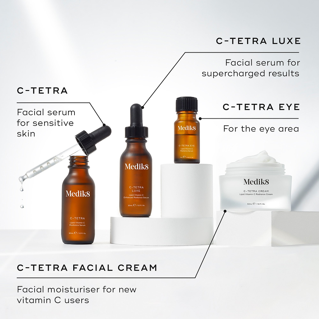 A collection of four Medik8 Vitamin C products displayed on white circular plinths against a clean white background. The image includes:

C-Tetra serum bottle shown open with a glass pipette, described as a "Facial serum for sensitive skin."

C-Tetra Luxe serum bottle described as a "Facial serum for supercharged results."

C-Tetra Eye serum bottle described as "For the eye area."

C-Tetra Cream jar shown open with visible white cream, described as a "Facial moisturiser for new vitamin C users."
