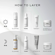 "How to Layer" chart displays AM and PM skincare routines. Daily Refresh Balancing Toner is shown as the "Tone" step, applied after cleansing and before targeted serums.