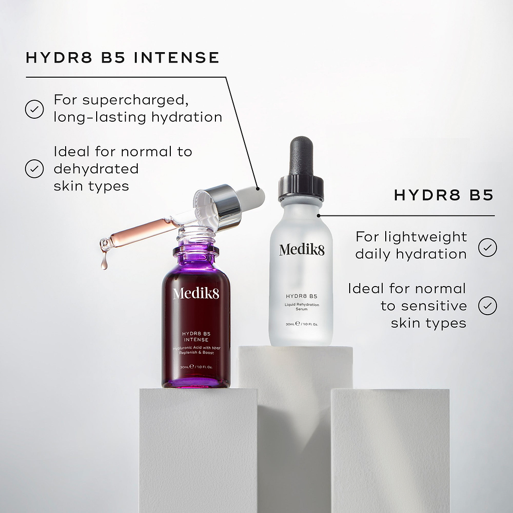 Medik8 Hydr8 B5 Intense and Hydr8 B5 serum bottles stand on white pedestals against a clean, bright background. Text lists benefits for "HYDR8 B5 INTENSE" as "For supercharged, long-lasting hydration" and "Ideal for normal to dehydrated skin types." Benefits for "HYDR8 B5" include "For lightweight daily hydration" and "Ideal for normal to sensitive skin types."