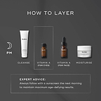 Four Medik8 products are arranged for a PM skincare routine against a dark grey background. The steps include Surface Radiance Cleanse, Intelligent Retinol Eye TR (Vitamin A for eyes), Intelligent Retinol 3TR (Vitamin A for face), and Advanced Night Restore moisturiser. Expert advice text recommends following with sunscreen the next morning.