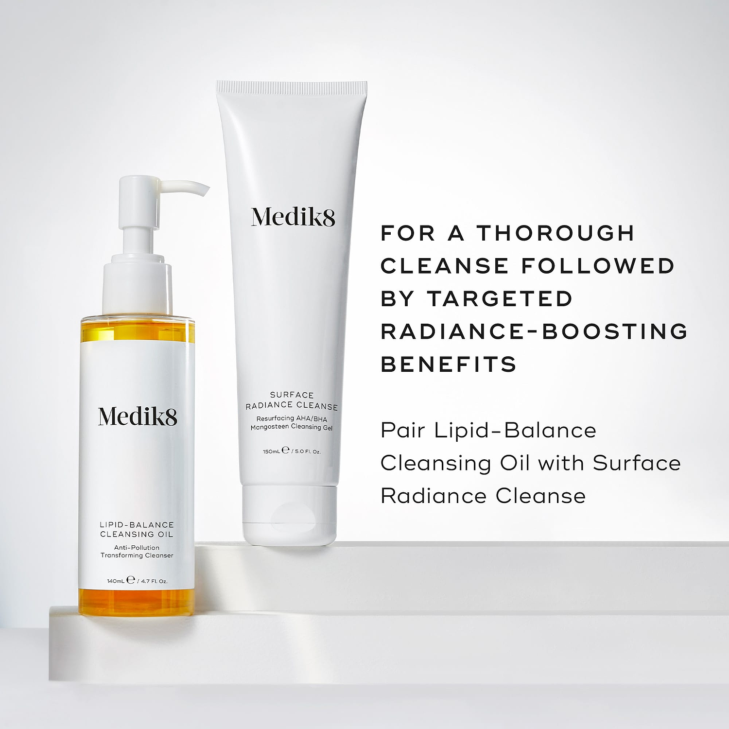 Lipid-Balance Cleansing Oil bottle stands beside a tube of Surface Radiance Cleanse. Text recommends pairing the two for a "thorough cleanse followed by targeted radiance-boosting benefits".
