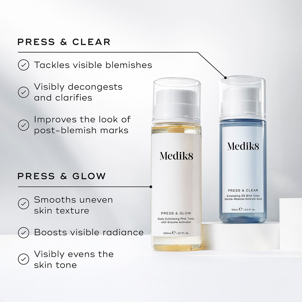A comparison graphic featuring Medik8 Press & Glow and Press & Clear bottles. Text differentiates Press & Clear for tackling visible blemishes and Press & Glow for smoothing uneven skin texture.