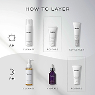 Infographic titled "HOW TO LAYER" showing AM and PM routines. The AM routine includes Calmwise Soothing Cleanser for Cleanse, Ultimate Recovery for Restore, and Advanced Day Ultimate Protect for Sunscreen. The PM routine includes Lipid-Balance Cleansing Oil for Cleanse, Hydr8 B5 Intense for Hydrate, and Ultimate Recovery for Restore.