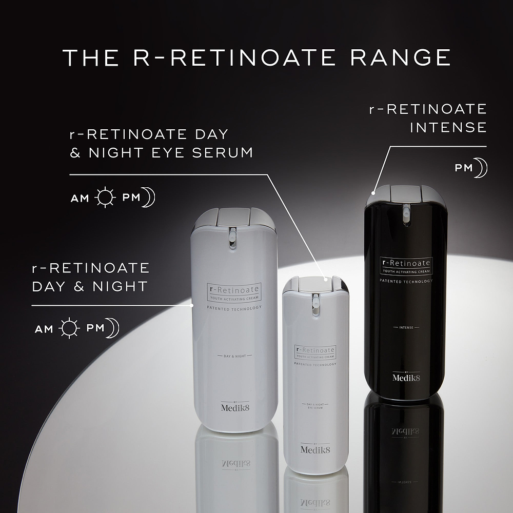 A display showcasing THE R-RETINOATE RANGE. It includes, r-RETINOATE DAY & NIGHT EYE SERUM, r-RETINOATE DAY & NIGHT, r-RETINOATE INTENSE.  